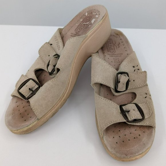 Fly Flot Slides 37 5.5 Tan Leather Two Strap Buckle Open Toe Italy Made Comfort - Picture 13 of 14